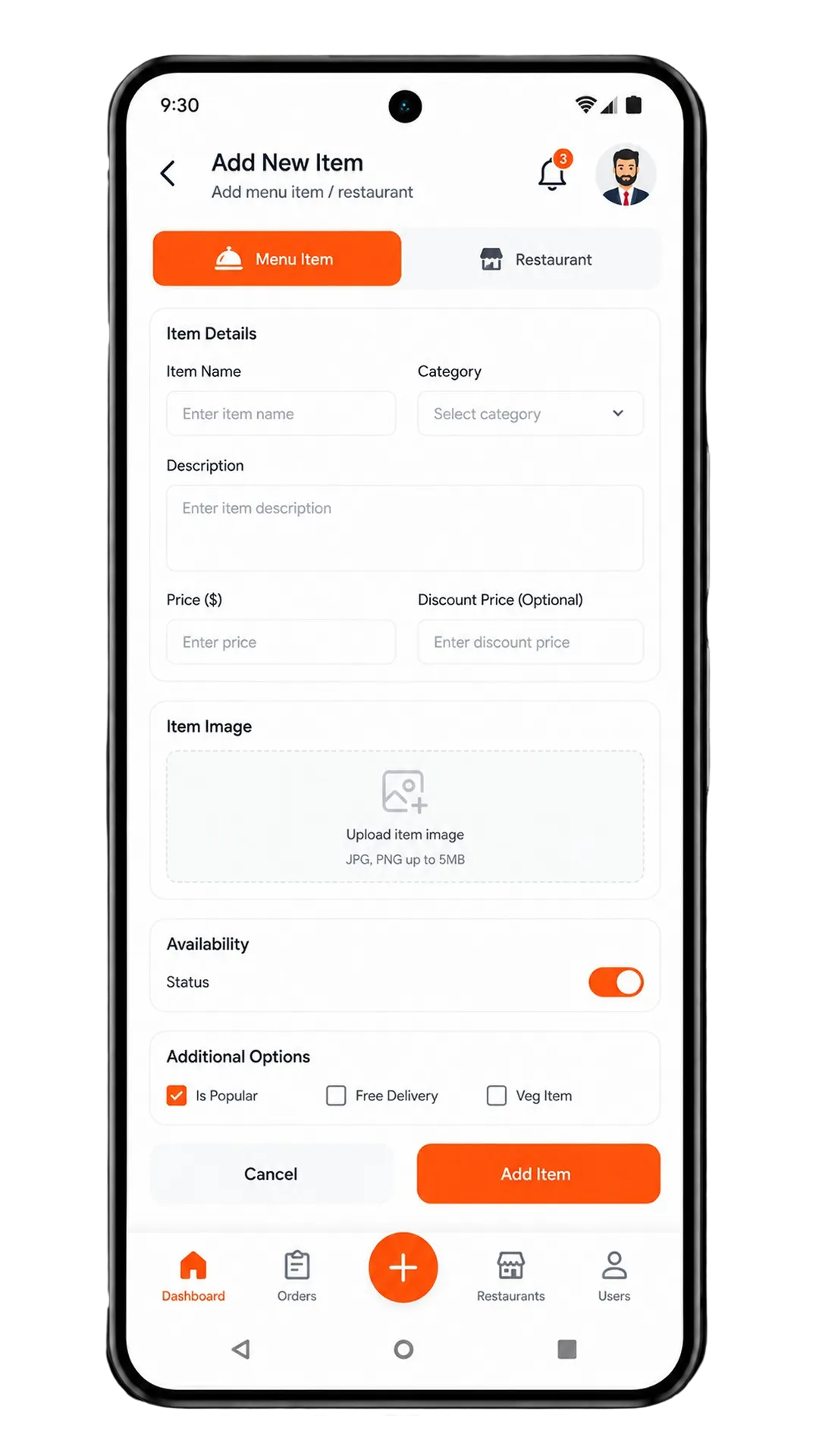JustEat clone admin app add items